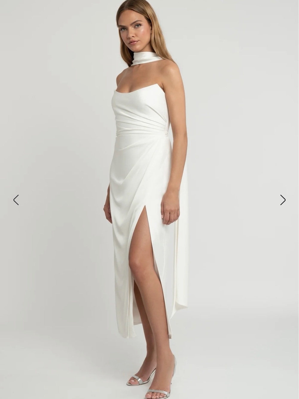 Jenny Yoo White Satin Halter Maxi Dress with Scarf - Picture 4 of 8